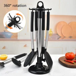 BASOO KITCHEN UTENSILS HOLDER STAINLESS STEEL – 360° ROTATING, BLACK