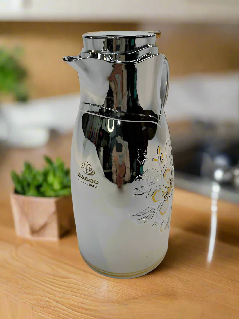 BASOO THERMOS/ VACUUM FLASK WHITE SILVER: 2500 ML, DOUBLE WALL INULATED, YOUR DRINK, ALWAYS AT THE PERFECT TEMPERATURE