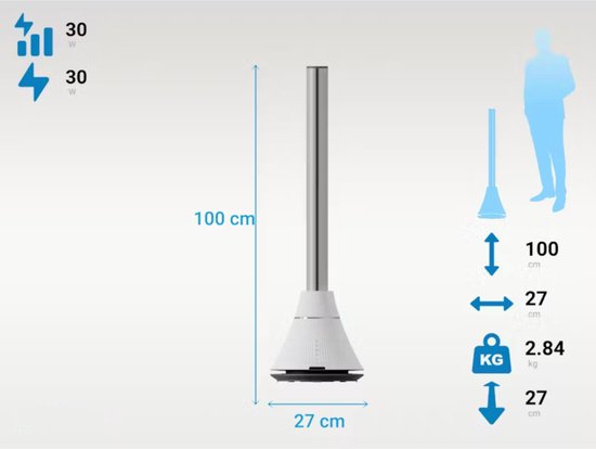 Basoo BS-7100 Torenventilator – 8 Snelheden, 3 Verwarmingsstanden, Afstandsbediening & Timerfunctie, Wit - Image 3
