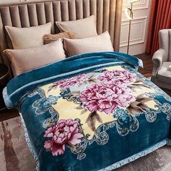 Basoo Luxe Winterfleece Deken – Dubbelzijdig Pluche Microvezel | Extra Dikke & Warme Bedsprei | Stijlvol Bloempatroon | 200x240 cm | 4 kg | Energiezuinig (Klasse A) - Blauw - Image 2